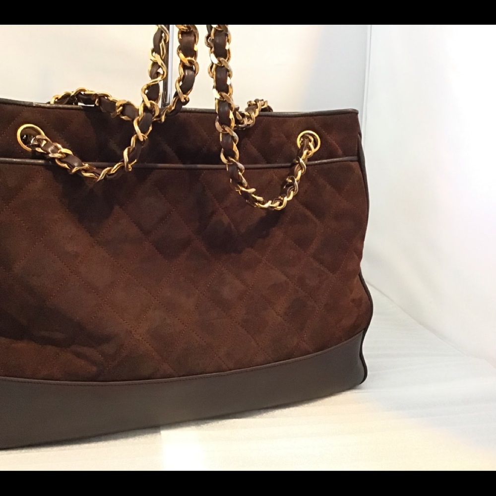 CHANEL Brown Quilted Shoulder Tote with Gold Chain Strap